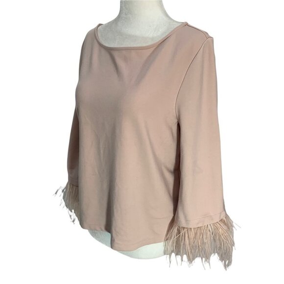 𝅺halogen Removable Feather Ostrich Sleeve Trim Ponte Top Blush Sz S - Picture 6 of 11